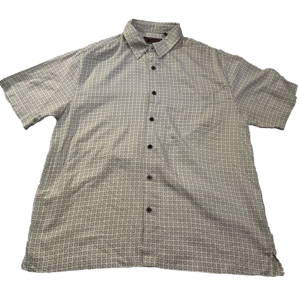 Men’s Silk Blend Patrick James Geometric Short Sleeve Button Up Shirt Tan Brown